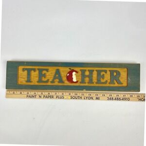 Rustic Wood Carved Teacher Wall Sign Plaque Apple Accent Distressed Teal 18 Inch